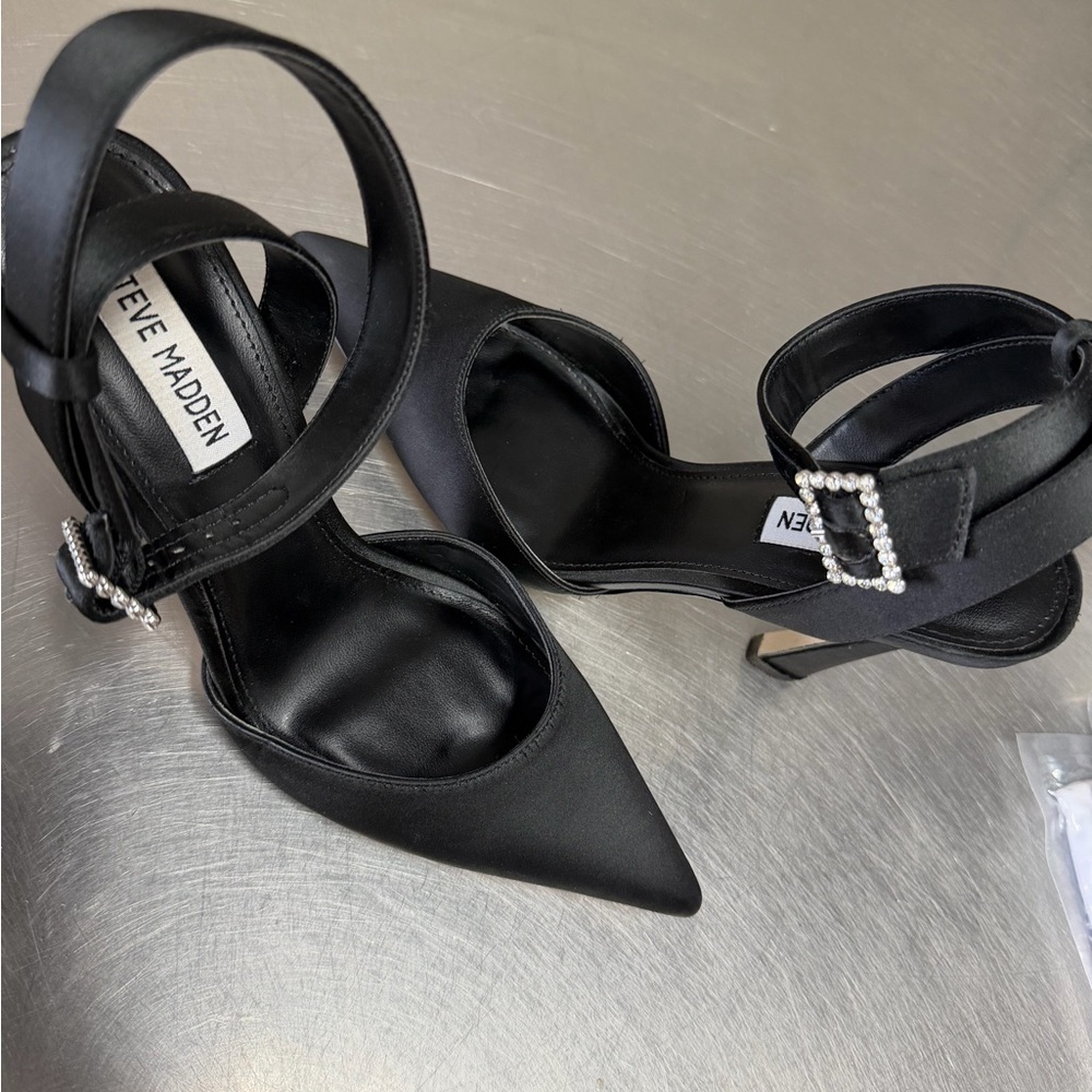 Steve Madden Satin Black Heels with Rhinestone Buckle